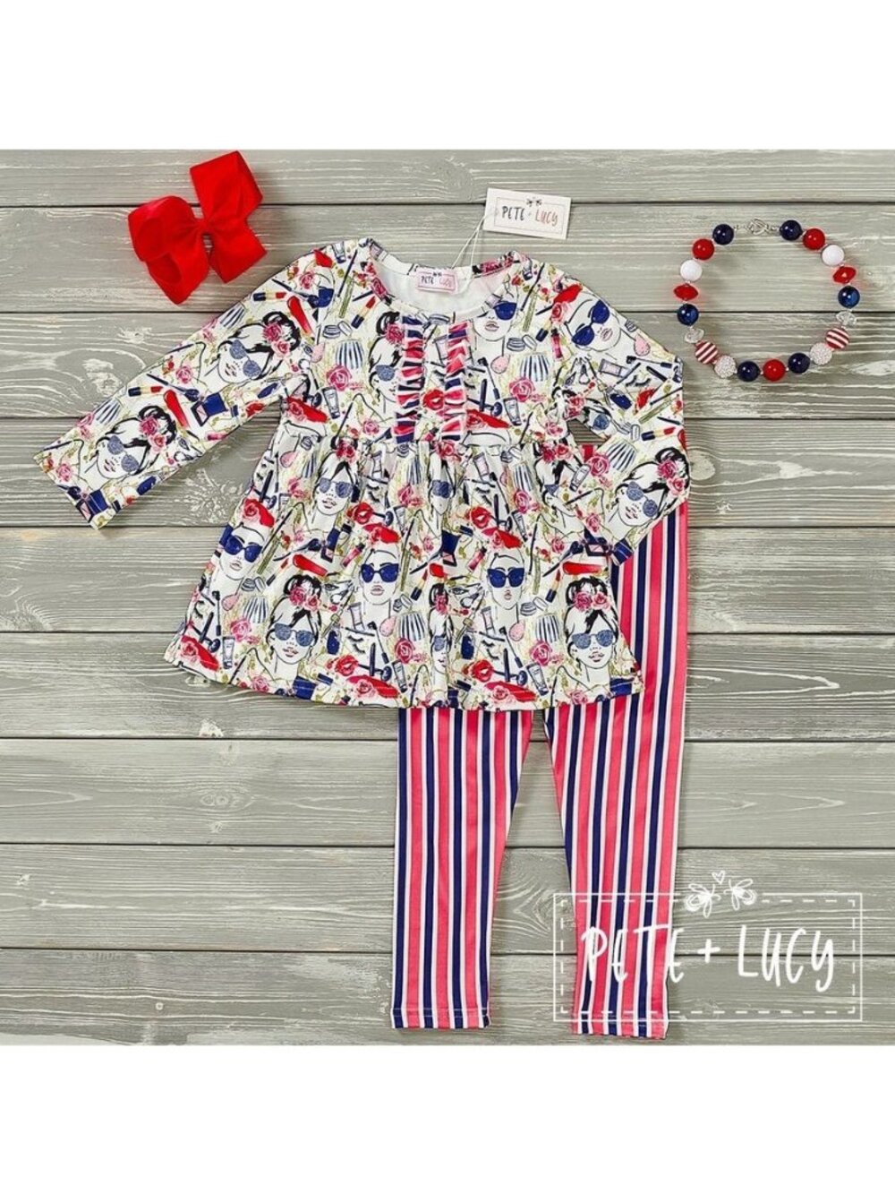 Pete + Lucy Girls Pants Set 3T Glamour Stripes Long Sleeve Ruffle New